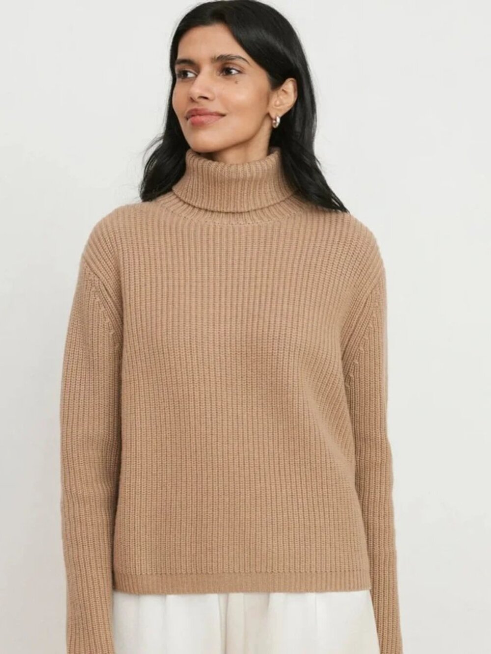 Jenni Kayne Camel Cropped Turtleneck Oversized Wool Cashmere Sweater XS S NWOT